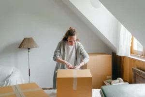 Slim female in cardigan unpacking cardboard box put on bed close to suitcase while standing near window in attic style r